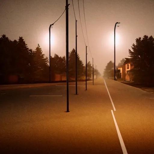 Image similar to A stunningly beautiful award-winning 8K high angle cinematic movie photograph across a spooky foggy empty lightless moonlit main intersection in an abandoned 1950s small town at night. perfect composition, shot from roofline, moody low key backlit. Color palette from Seven, greens yellows and reds. 2 point perspective. Octane render