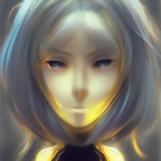 Image similar to A realistic anime painting of a beautiful android woman with glowing yellow gold eyes. digital painting by Sakimichan, Makoto Shinkai, Rossdraws, Pixivs and Junji Ito, digital painting. trending on Pixiv. SFW version —H 1024