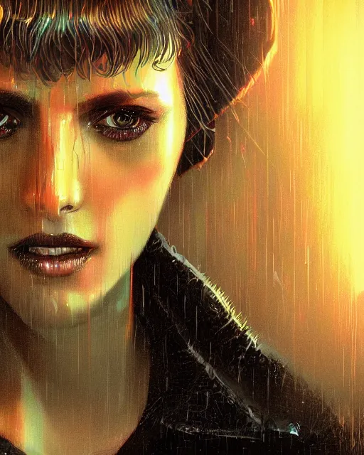 Prompt: a stunning close - up portrait of replicant rachael from blade runner, foggy background, digital art by ross tran and dan mumford, highly detailed, octane render