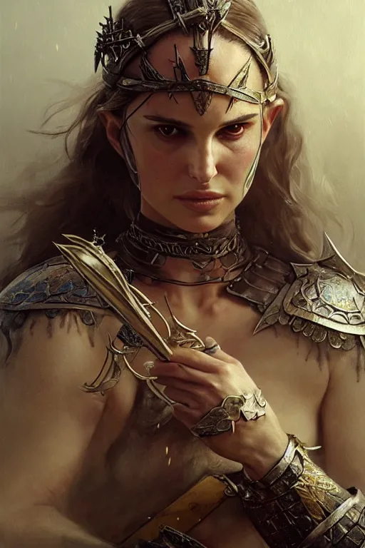 Image similar to natalie portman, legendary warrior, heroic, lord of the rings, tattoos, decorative ornaments, battle armor, by carl spitzweg, ismail inceoglu, vdragan bibin, hans thoma, greg rutkowski, alexandros pyromallis, perfect face, fine details, realistic shading photorealism