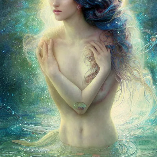 Image similar to Beautiful Delicate Detailed portrait of a mermaid With Magical green Eyes by Tom Bagshaw, Bastien Lecouffe Deharme, Erik Johansson, Amanda Sage, Alex Grey, Alphonse Mucha, Harry Clarke, Josephine Wall and Pino Daeni, Delicate water creature siren With long blue Hair and Magical Sparkling Eyes, Magic Particles; Magic Swirls, 4K; 64 megapixels; 8K resolution concept art; detailed painting; digital illustration; hyperrealism; trending on Artstation; Unreal Engine Photorealistic, lifelike, Unreal Engine, sharp, sharpness, detailed, 8K