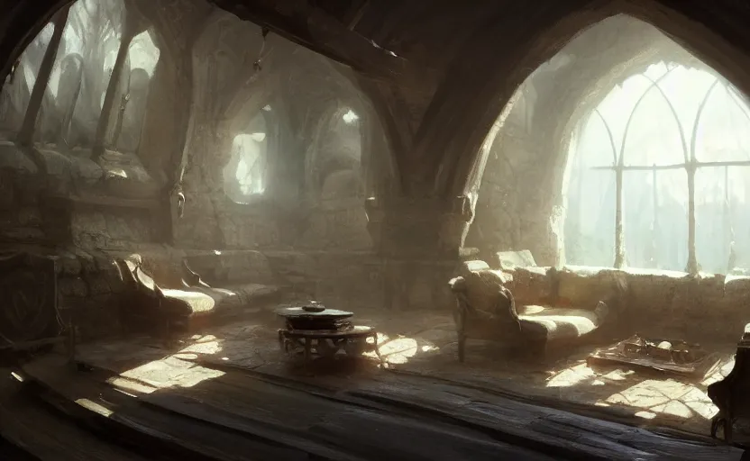 Image similar to painting of an interior of a hidden, cozy ring - shaped living quarters overlooking the great room, well maintained, clean, medieval, fantasy genre, natural light, fantasy, natural light, concept art, by greg rutkowski and craig mullins, cozy atmospheric and cinematic lighting, trending on artstation