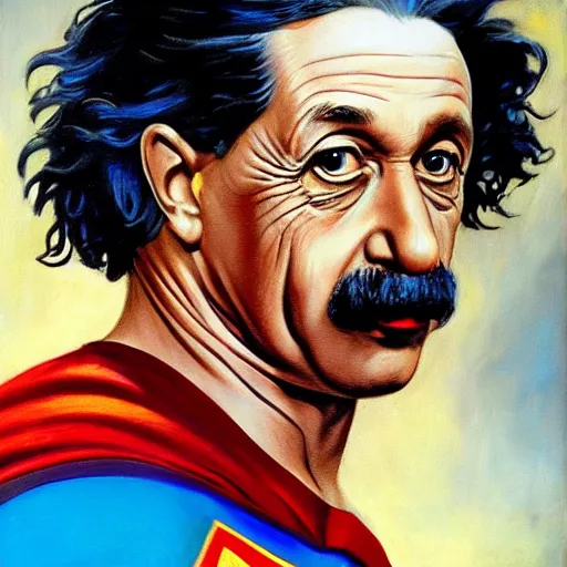 Image similar to ultra realistic portrait painting of albert einstein as superman, art by frank frazetta, 4 k, ultra realistic, highly detailed, epic lighting