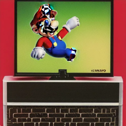 Prompt: super Mario sitting in front of a computer screen with a skull and bones, 90s tv ad