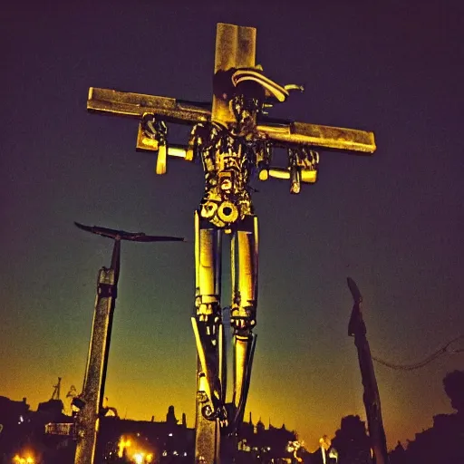 Prompt: lomo photo of a tormented steampunk robot crucified at dusk in ancient jerusalem