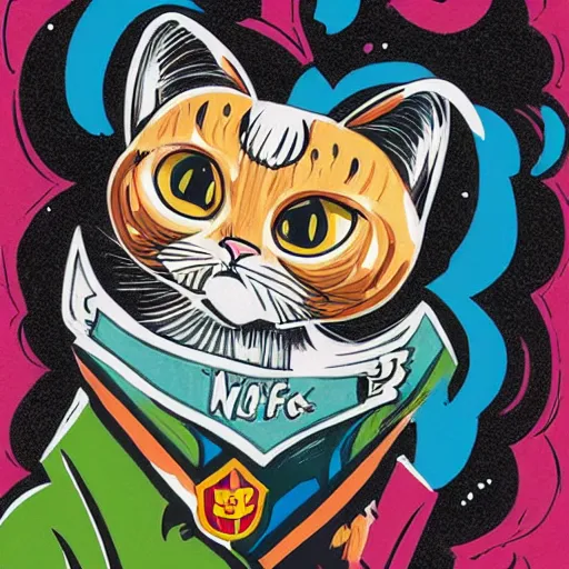 Image similar to mcbess illustration of a little harry potter cats, rainbow gouache