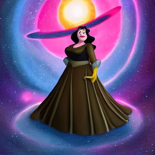 Prompt: Disney art, big goth GF floating in the endless void, past planets and stars, she is huge, light-years in size