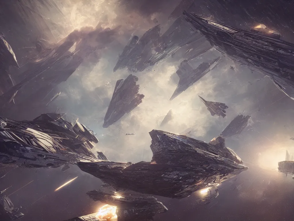 Image similar to giant triangular spaceship, flying through space, highly detailed, intricate, by Raphael Lacoste, Eddie Mendoza, Alex Ross, background of outer space nebulas by Pilar Gogar, concept art, 8K HDR