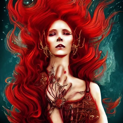 Image similar to Redhead Fire Priestess, wild hair, in a beautiful flowing red dress surrounded by flames, clothes, intricate hellish decoration on the dress, on the background of an ancient cathedral, Designer clothes, vouge photo, fashion style, fullbody, in full growth, intricate, elegant, highly detailed, artstation, concept art, smooth, sharp focus, illustration, art by greg rutkowski and orientalism and bouguereau and Zdzislaw Beksinski, good clear quality, lighting, biology, symmetrical artwork, perfect face, 135 mm, cinematic, hyper realism, high detail, octane render, 8k, chrome accents