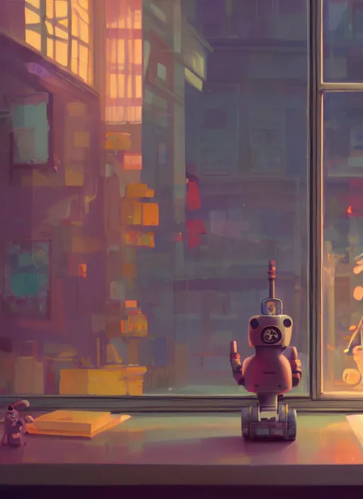 Image similar to seen through a window, robot toy shop, detailed, cory loftis, james gilleard, atey ghailan, makoto shinkai, goro fujita, studio ghibli, rim light, exquisite lighting, clear focus, soft painting, ethereal, 8 k