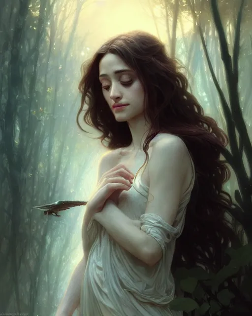 Prompt: a beautiful cinematic portrait female angel, emmy rossum, fantasy forest landscape, fantasy magic, dark light night, intricate, elegant, sharp focus, illustration, highly detailed, digital painting, concept art, matte, art by wlop and artgerm and greg rutkowski and alphonse mucha, masterpiece