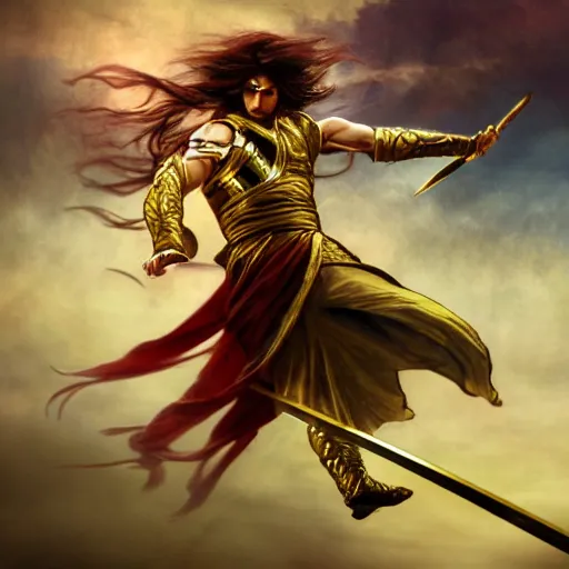 Prompt: a golden swordsman dances on the battlefield, his long hair swirling, fantasy, Mucha, Magic the Gathering, motion blur, dramatic