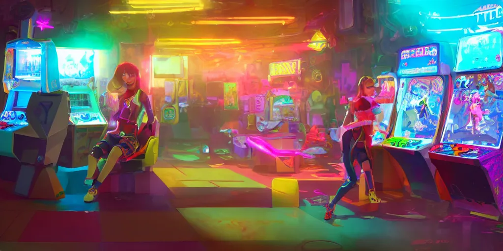Image similar to an environmental concept art of a stylish teen girl playing a game in a colorfully lit, cluttered arcade, highly detailed, environmental light, cinematic by francis tneh