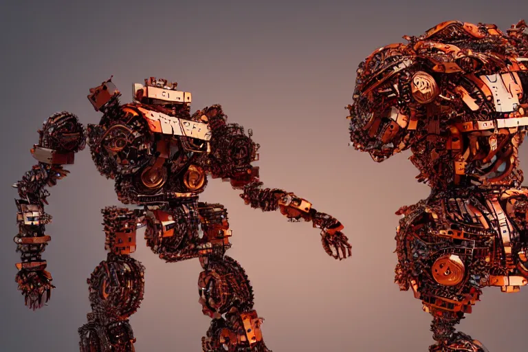 Prompt: 3D render of an intricate robot made of pieces of scraps and rusted parts in the style of Vladimir Petkovic, dramatic lighting, vibrant colors, Trending on Artstation HQ, 4K, UHD, High quality, Unreal Engine