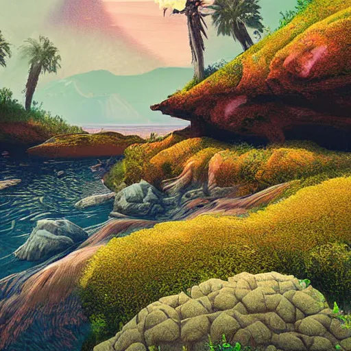 Image similar to digital art of a lush natural scene on an alien planet by lurid ( 2 0 2 2 ). beautiful landscape. weird vegetation. cliffs and water. grainy and rough. interesting colour scheme. soft warm colours. high quality render.