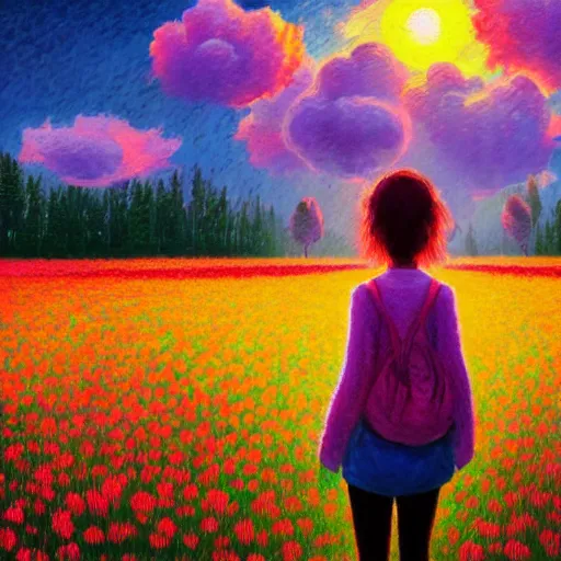 Image similar to girl with large flower as a face, flower field, big trees, sunrise dramatic light, impressionist painting, colorful clouds, digital painting, pointillism, artstation, simon stalenhag