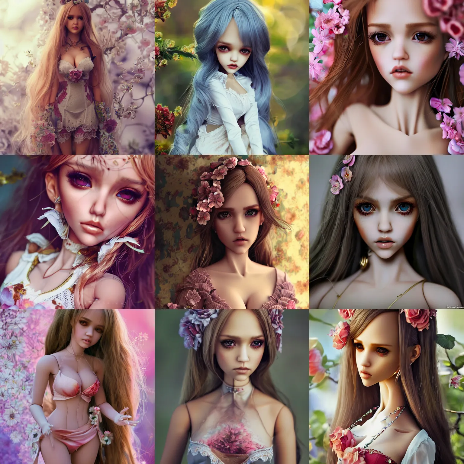 Prompt: jessica alba as an angelphilia bjd doll, ornate floral, artstation, artgerm, mucha, wlop, loish,