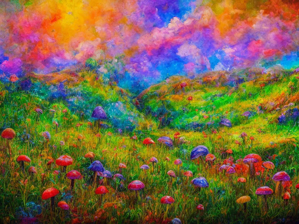 Image similar to an impressionist painting of a gorgeous meadow filled with colorful mushrooms with a stream flowing through it, psychedelic colors, colorful sky in background, high detail, trending on artstation