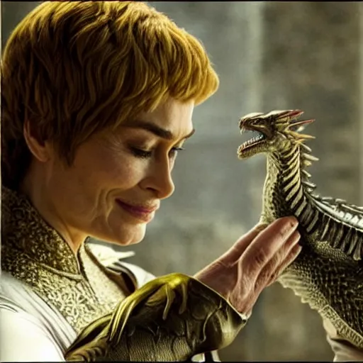 Image similar to “Cersei Lannister, petting her dragon”