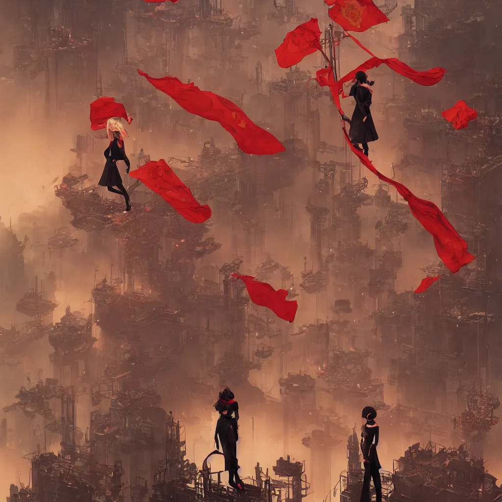 Prompt: a young woman standing on an ornate platform holding a red flag by tomer hanuka and roxie vizcarra and frank stockton and greg rutkowski and victo ngai, dramatic composition, epic scale, futuristic, steampunk, soft lighting, masterpiece, cinematic, filmic