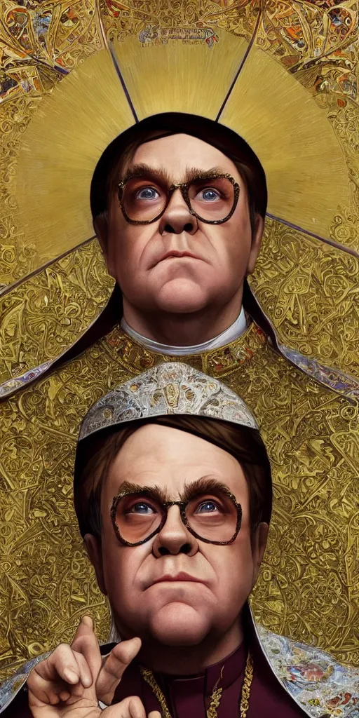 Prompt: Elton John as the pope, headshot, painted renaissance character portrait, highly detailed, painting, artstation, sharp focus, art by artgerm and greg rutkowski and alphonse mucha and magali villeneuve