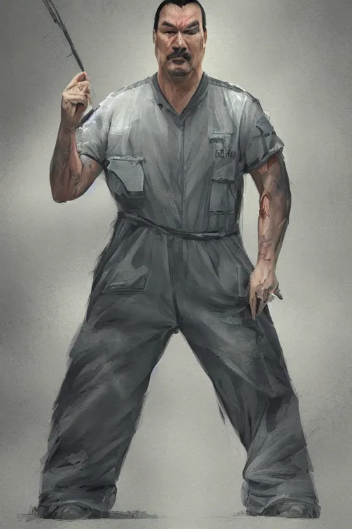 Image similar to portrait of sad steven seagal wearing prison jumpsuit, prison jumpsuit, digital painting, artstation, concept art, smooth, sharp focus, illustration, whimsical background by marc simonetti, artwork by liam wong, patriotic!