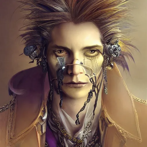 Image similar to portrait, headshot, insanely nice hair style, dramatic hair color, digital painting, of a old 17th century, old cyborg merchant, amber jewels, baroque, ornate clothing, scifi, realistic, hyperdetailed, chiaroscuro, concept art, art by Franz Hals and Jon Foster and Ayami Kojima and Amano and Karol Bak,