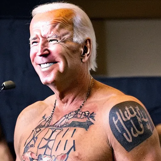 Prompt: joe biden shirtless with russian prison tattoos