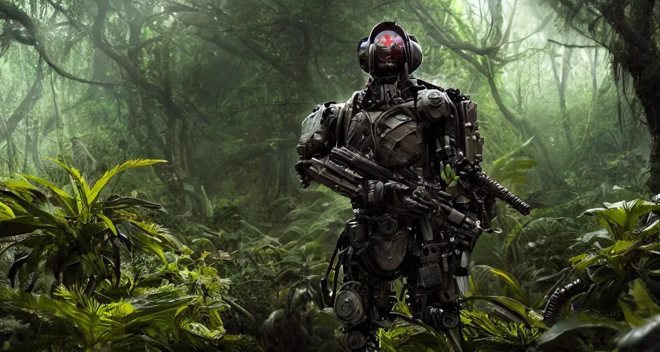 Prompt: wide angle shot of a cyborg soldier in a jungle environment, dramatic lighting, cinematic, octane render, cgsociety, artstation, 4k