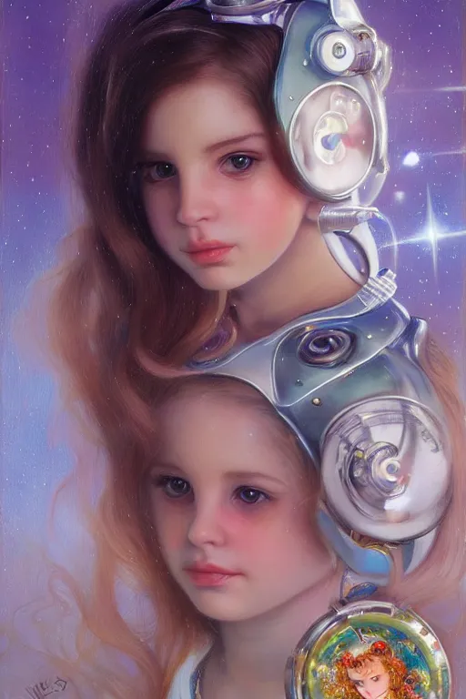 Image similar to cute shiny robot Lana Del Rey look-alike, Lilia Alvarado, Sophie Anderson, Mark Arian, Bob Byerley, Charlie Bowater, Mark Brooks, Steve Henderson, Justin Gerard, Arthur Hughes, Edward Robert Hughes, Mark Keathley, Victor Nizovtsev, Carlos Shwabe, Ross Tran, WLOP