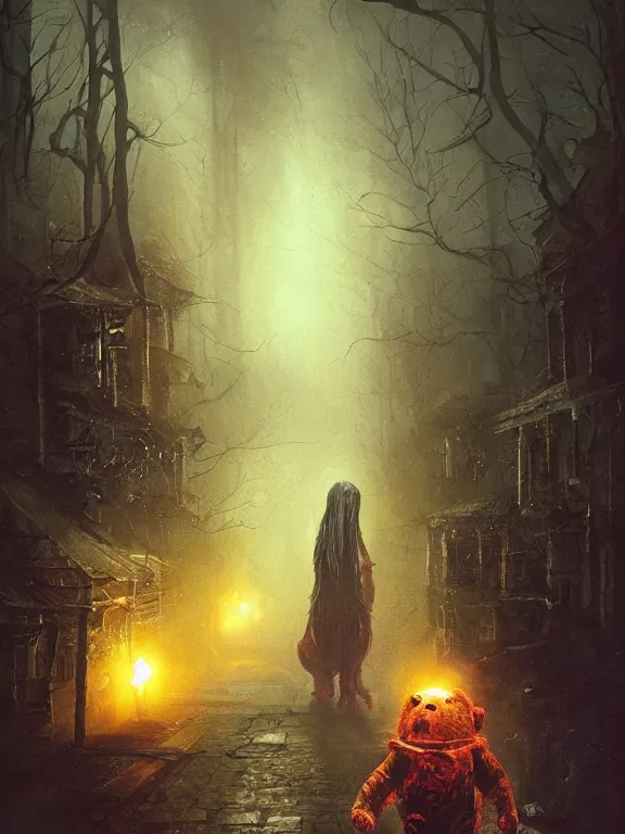 Image similar to A huge scary gummy bear killer is chasing me at night,dark street,alone,dim light,realistic,by Andrei Riabovitchev,Alex Horley,Heather Theurer,aaron horkey,Greg Rutkowski,trending on pinterest,full of color,cinematic,cinematic lighting