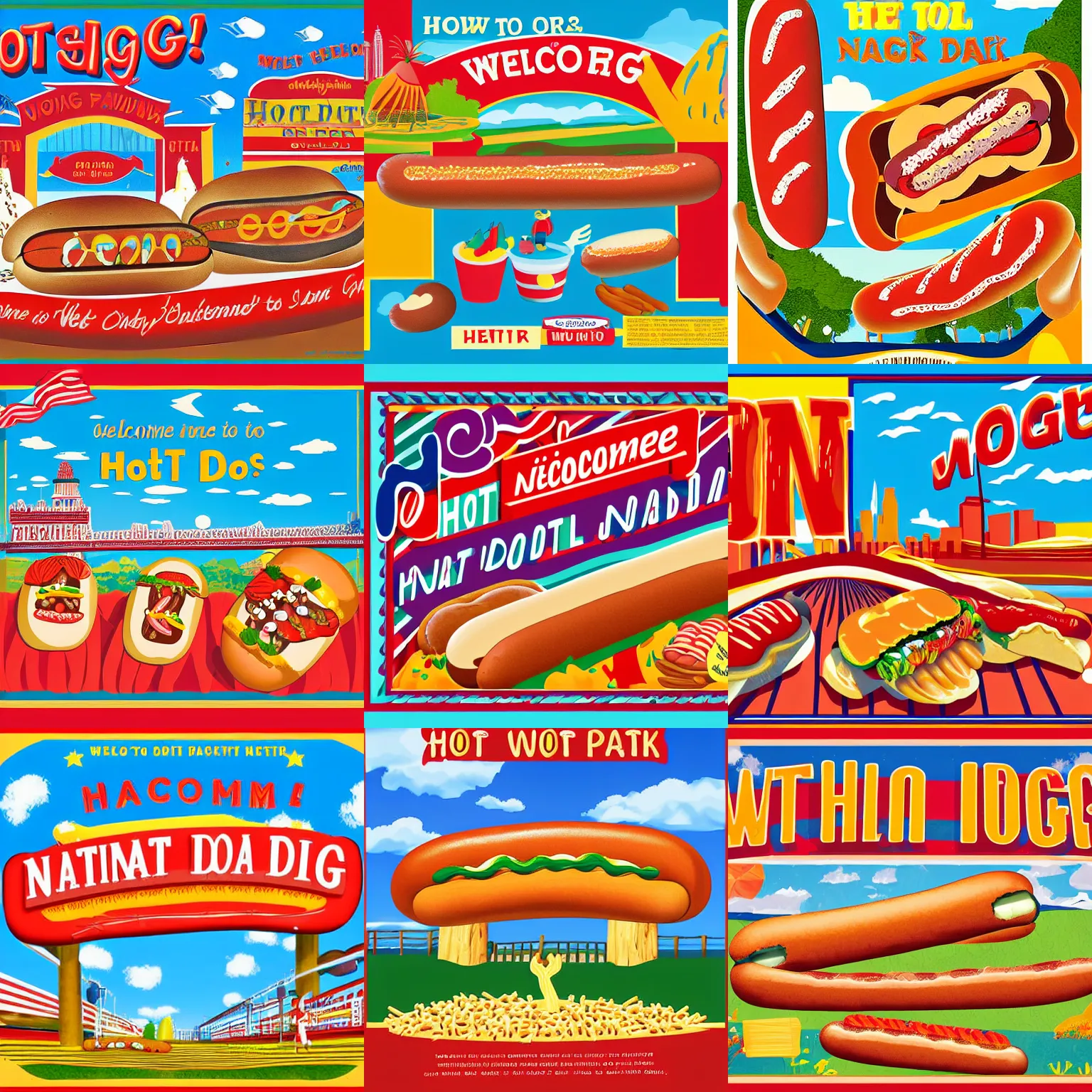 Prompt: welcome to hot dog national park, vibrant tourism poster, hot dogs, buns, butter, toasted, yummy digital art