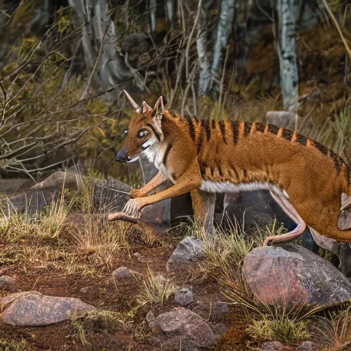 Prompt: Tasmanian Tiger in the wilderness, (Sony a7R IV, symmetric balance, polarizing filter, Photolab, Lightroom, 4K, Dolby Vision, Photography Award)