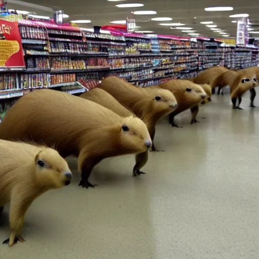 Prompt: a capybara flood, huge amount of capybara! running down a target aisle