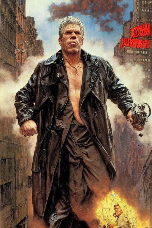 Prompt: full length portrait of ron perlman as a huge tall hulking marvel gangster wearing a leather trench coat standing on street new york, by lawrence alma tadema and zdzislaw beksinski and norman rockwell and jack kirby and tom lovell and greg staples and michael alford