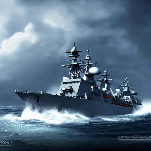 Image similar to Highly detailed photograph of a warship firing its naval automatic gun, HDR, 8k, trending on artstation, concept art