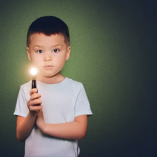 Prompt: a small child holding a flashlight to his face, dark background, vignette, clear photorealistic