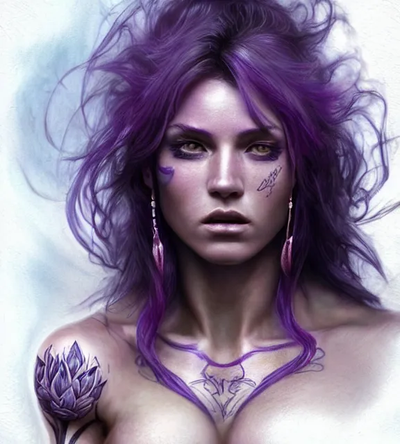 Image similar to muscular female singer, perfect face, intricate tattoos, purple flowing hair, abs, cinematic, blush, stunning, athletic, moist, strong, agile, highly detailed, hard focus, sensual lighting, art by jessica rossier and brian froud