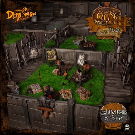 Prompt: D&D tabletop game map of miniature tavern, orc themed, dark, evil looking, very realistic, cinematic lighting, CGI render, trending on artstation