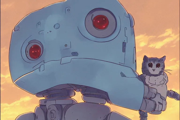 Image similar to A cell animation of a robot and a cat, Nausicaa of the Valley of the Wind, Miyazaki Hayao, ghibli style, illustration, azure tones, vintage colors, anime, trending on artstation