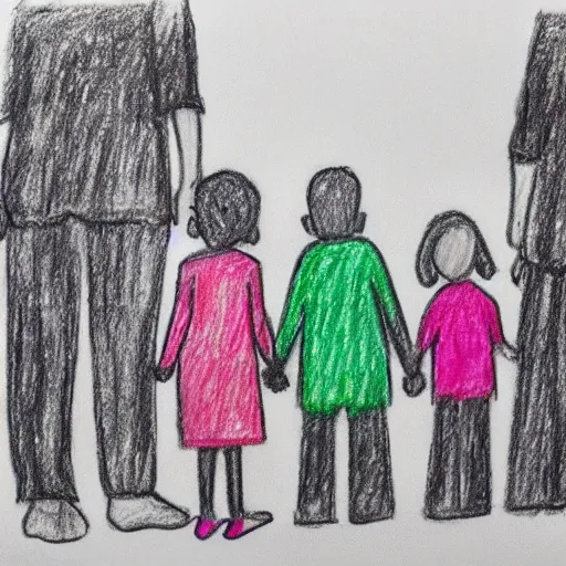Prompt: crayon drawing, house on fire, little girl, fading parents, holding hands