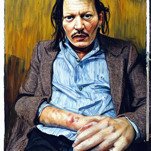 Image similar to lucian freud painting on depressed johnny depp