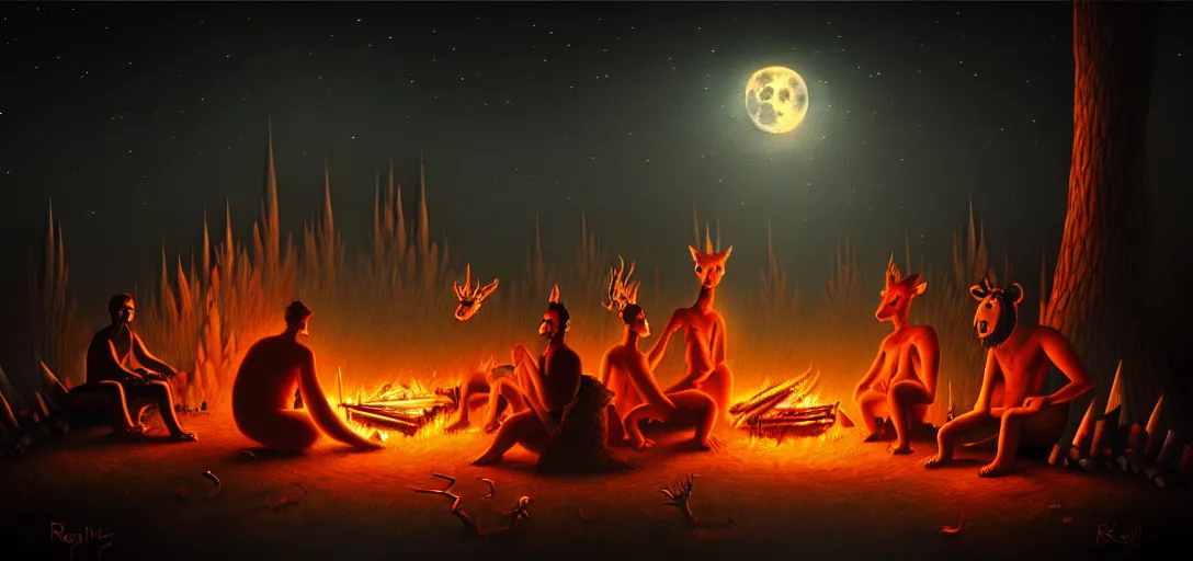 Image similar to strange mythical beasts of sitting around a fire under a full moon, surreal dark uncanny painting by ronny khalil