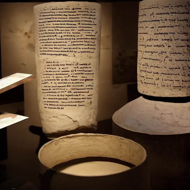 Prompt: a photo of a museum display showing a cylindrical clay jar, holding a dead sea scroll with nabeatean writing, dark, brooding, atmospheric, volume lighting