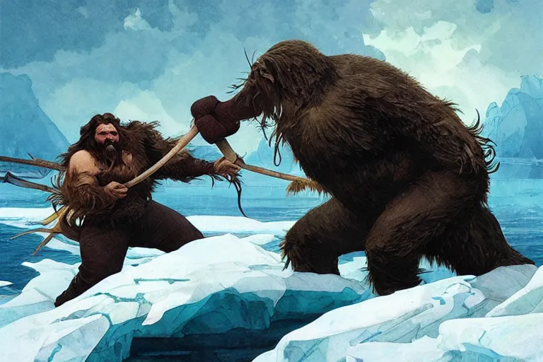 Image similar to a walrus fighting a caveman among on sea ice, stark lighting, water color, art by artgerm and greg rutkowski and alphonse mucha and jin xiaodi and anthony devine