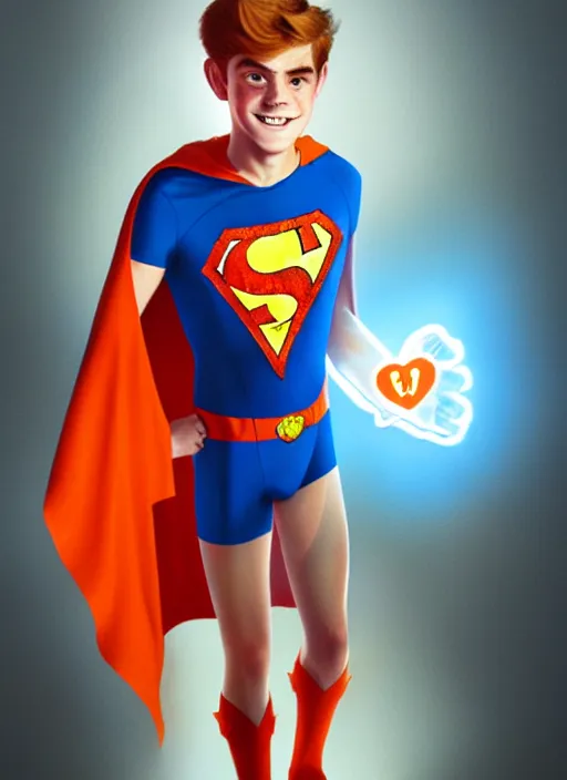 Image similar to friendly teenage archie andrews wearing an orange superhero costume with heart logo, heart, freckles, blue cape, heart emblem on chest, blue cape, intricate, elegant, glowing lights, highly detailed, digital painting, artstation, sharp focus, illustration, art by wlop, mars ravelo and greg rutkowski