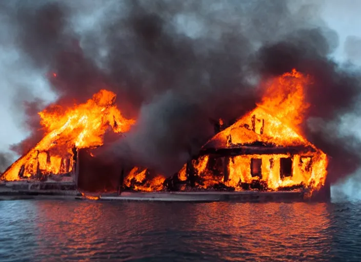 Prompt: dslr photo still of a house on fire under the water under water at the bottom of the ocean, 8 5 mm f 1. 8