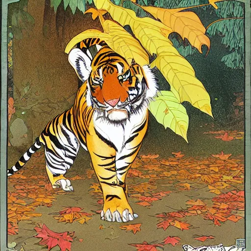 Image similar to a highly detailed cartoon tiger waving a leaf fan, autumn leaves on the ground, concise lines, ultradetailed environment, sharp focus, cinematic lighting, by alphonse maria mucha and kim jung gi