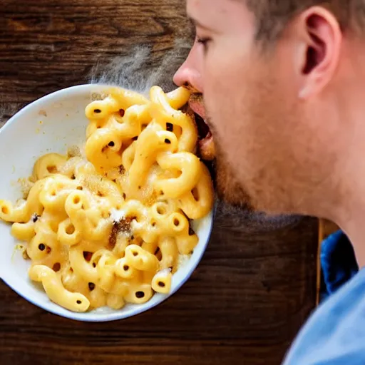 Image similar to a man vomiting mac n' cheese into his own bowl. photograph.