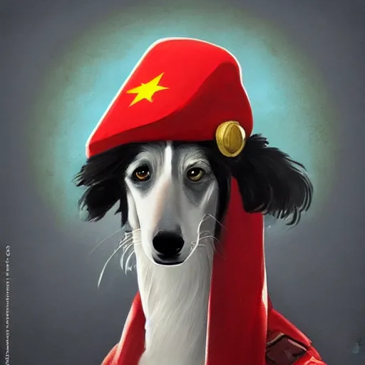 Image similar to Portrait painting of a Borzoi Dog using a communist red beret as an Overwatch character, medium shot, asymmetrical, profile picture, Organic Painting, sunny day, Matte Painting, bold shapes, hard edges, street art, trending on artstation, by Huang Guangjian and Gil Elvgren and Sachin Teng